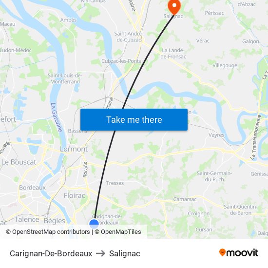 Carignan-De-Bordeaux to Salignac map