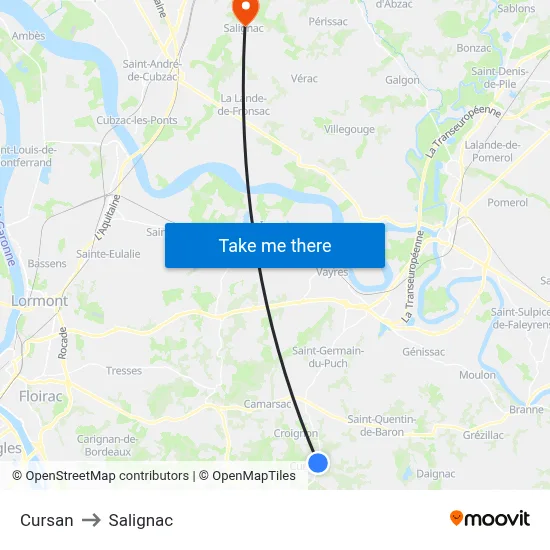 Cursan to Salignac map