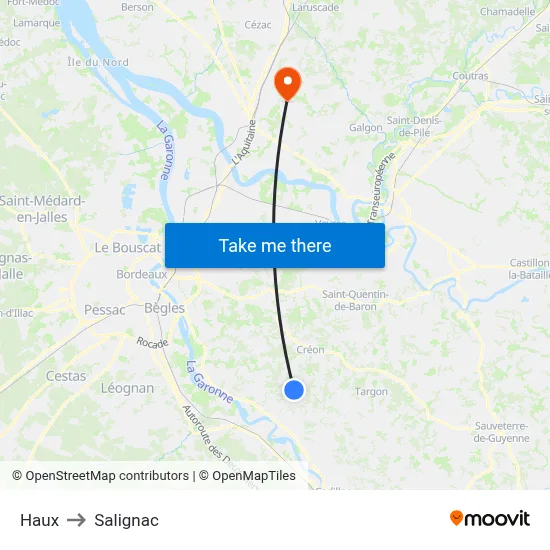 Haux to Salignac map