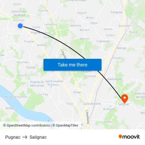 Pugnac to Salignac map