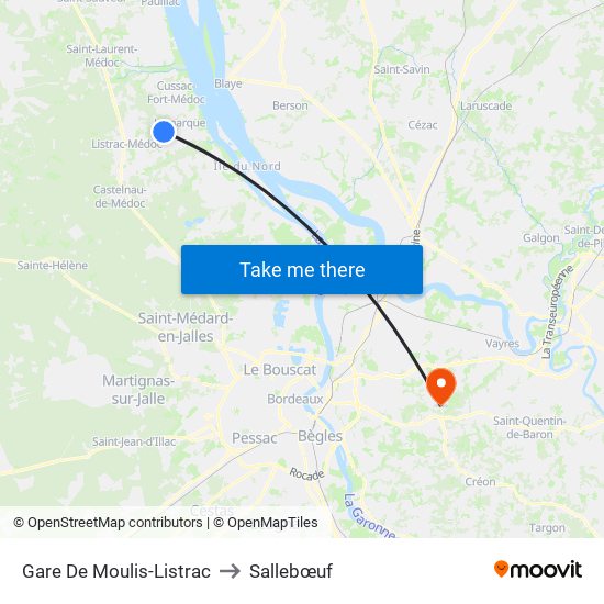 Gare De Moulis-Listrac to Sallebœuf map