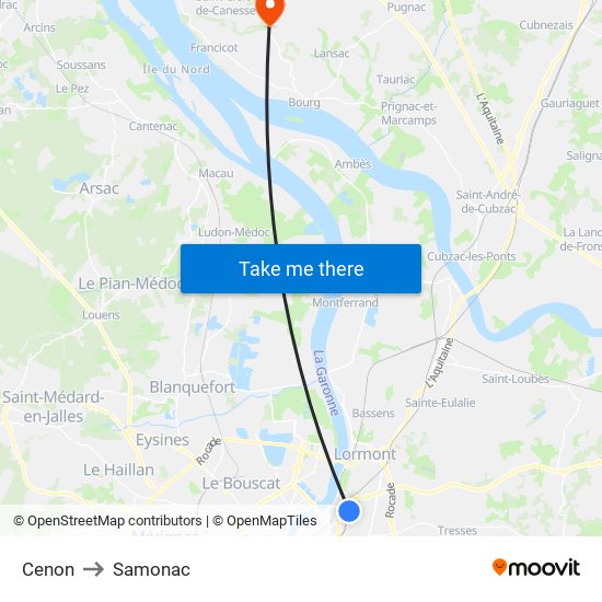 Cenon to Samonac map