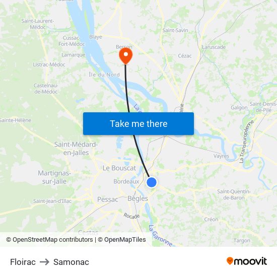 Floirac to Samonac map