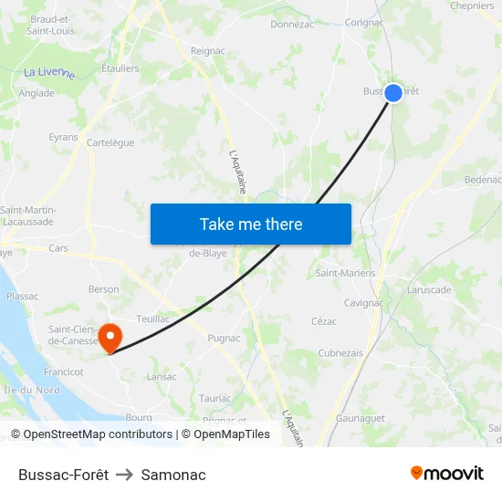 Bussac-Forêt to Samonac map