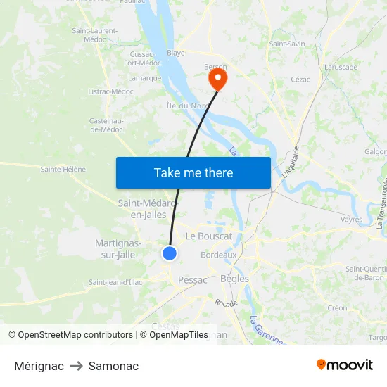Mérignac to Samonac map