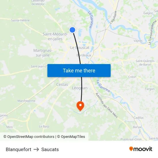 Blanquefort to Saucats map