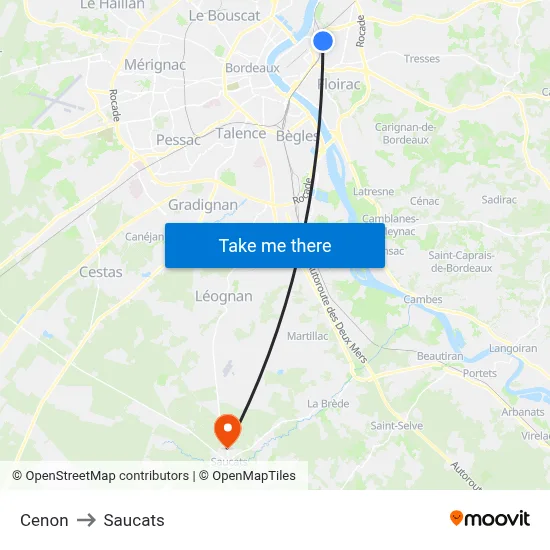 Cenon to Saucats map