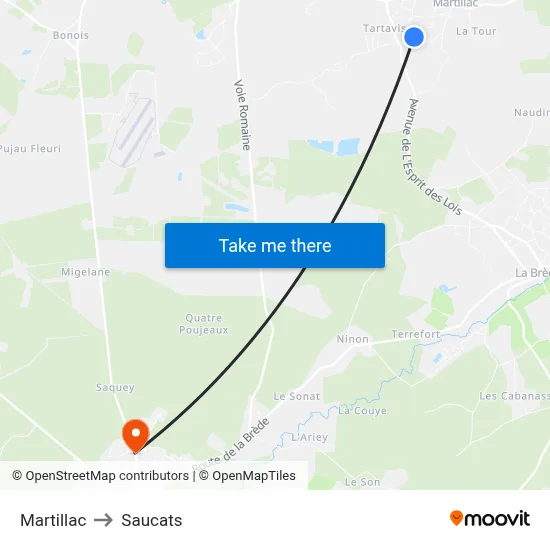 Martillac to Saucats map