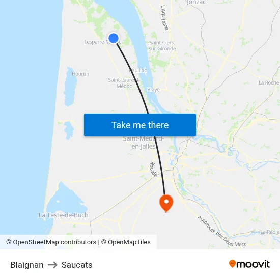 Blaignan to Saucats map