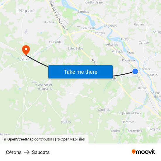 Cérons to Saucats map