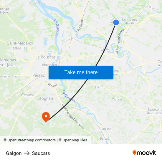 Galgon to Saucats map