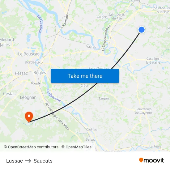 Lussac to Saucats map