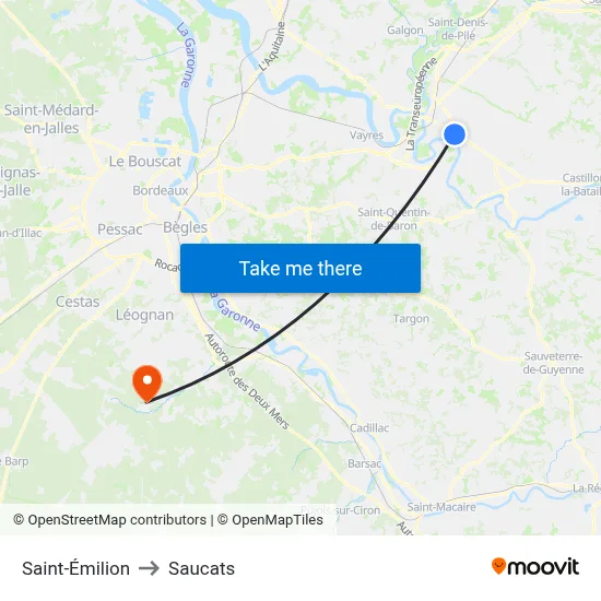 Saint-Émilion to Saucats map