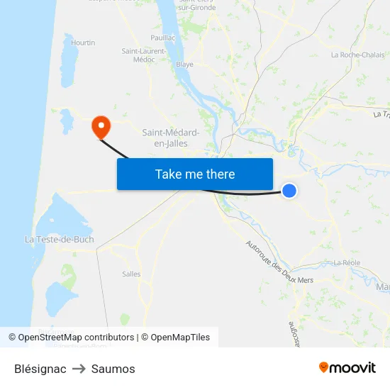 Blésignac to Saumos map