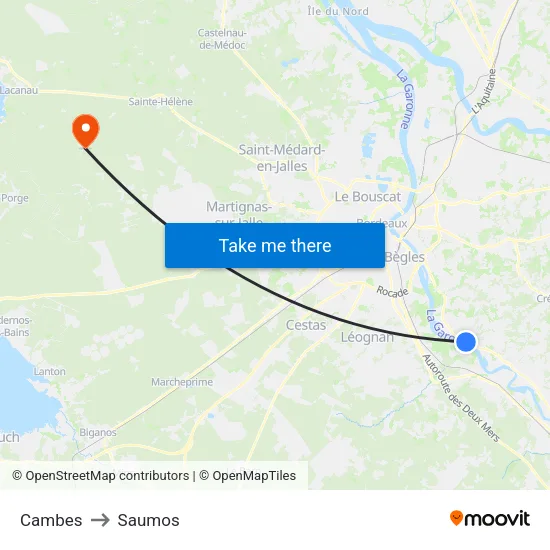 Cambes to Saumos map