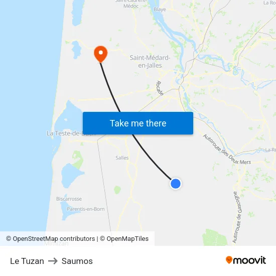 Le Tuzan to Saumos map