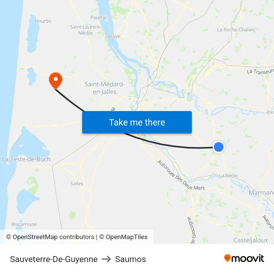 Sauveterre-De-Guyenne to Saumos map