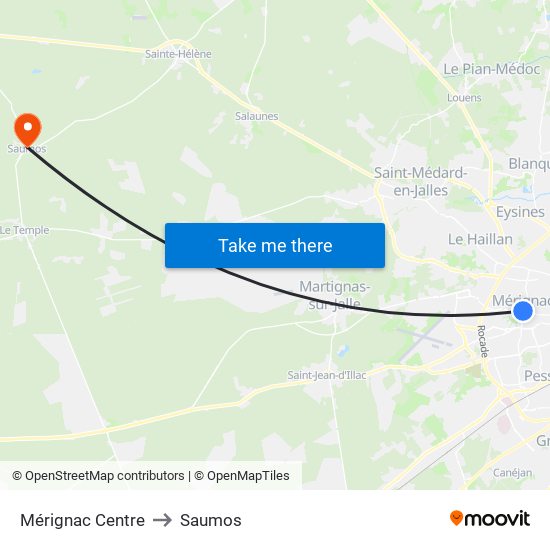Mérignac Centre to Saumos map