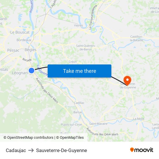 Cadaujac to Sauveterre-De-Guyenne map