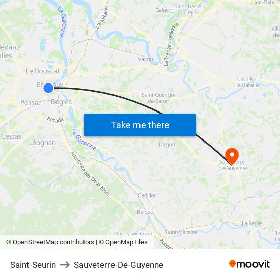 Saint-Seurin to Sauveterre-De-Guyenne map