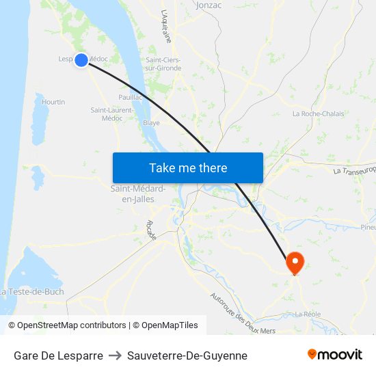 Gare De Lesparre to Sauveterre-De-Guyenne map