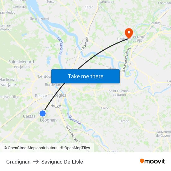 Gradignan to Savignac-De-L'Isle map