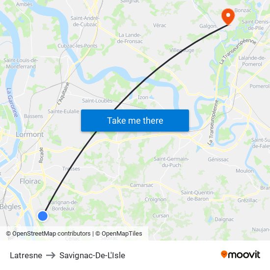 Latresne to Savignac-De-L'Isle map