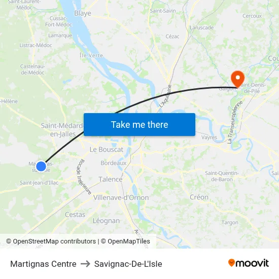 Martignas Centre to Savignac-De-L'Isle map