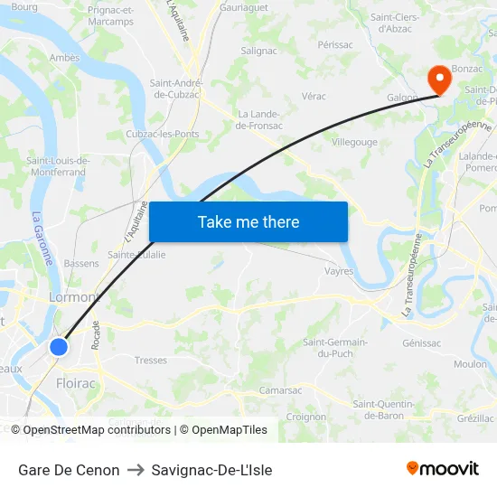 Gare De Cenon to Savignac-De-L'Isle map