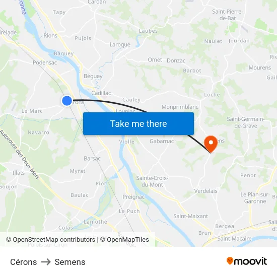 Cérons to Semens map