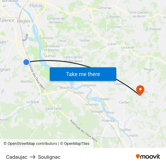 Cadaujac to Soulignac map