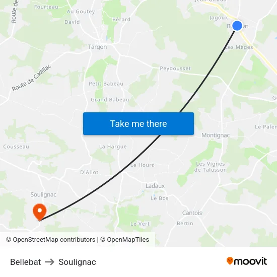 Bellebat to Soulignac map