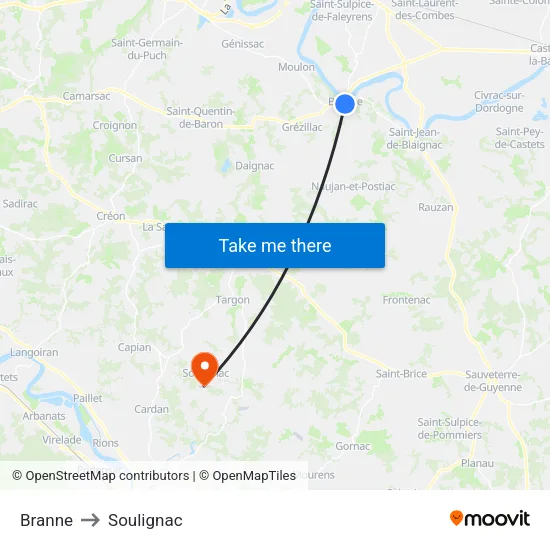 Branne to Soulignac map