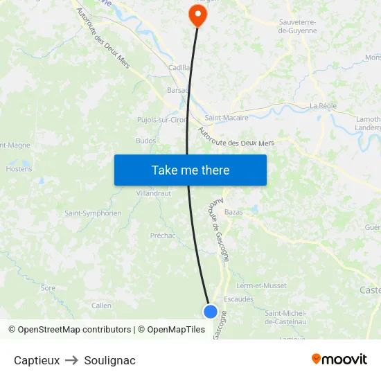 Captieux to Soulignac map