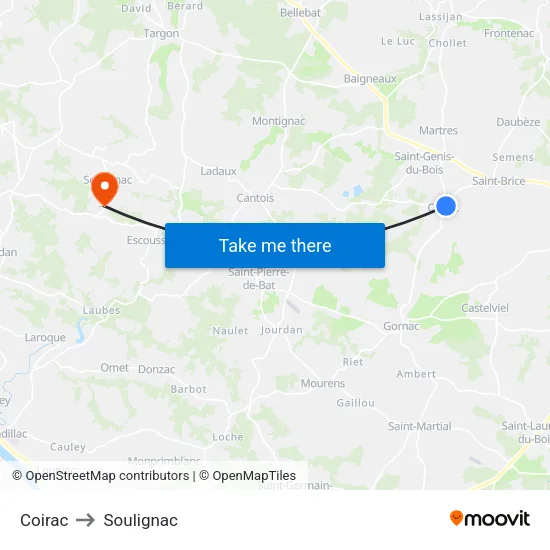 Coirac to Soulignac map