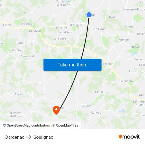 Dardenac to Soulignac map