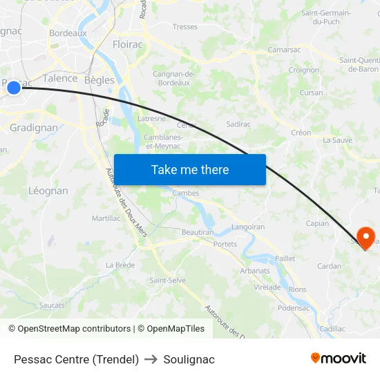Pessac Centre (Trendel) to Soulignac map