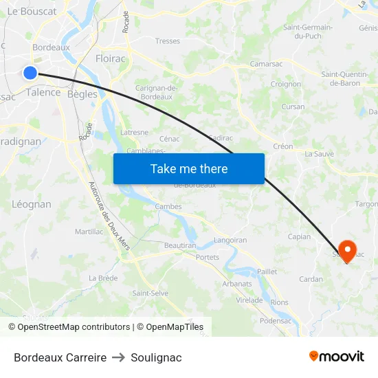 Bordeaux Carreire to Soulignac map