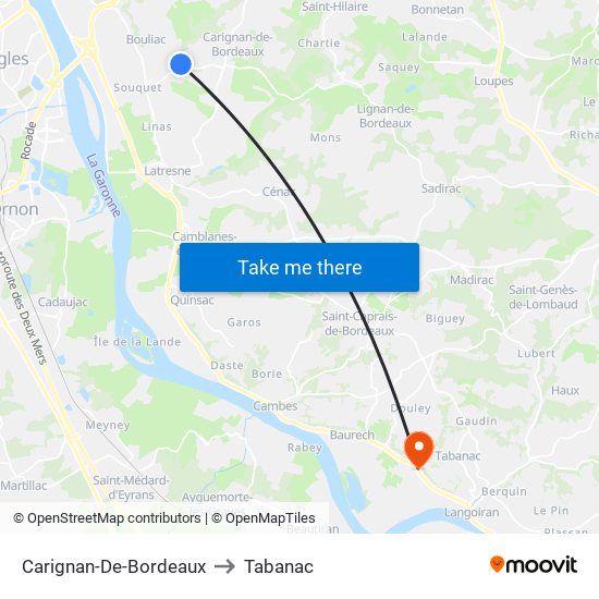 Carignan-De-Bordeaux to Tabanac map