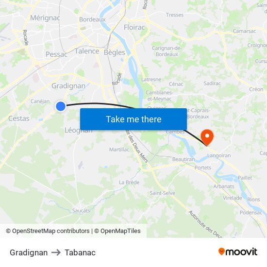 Gradignan to Tabanac map