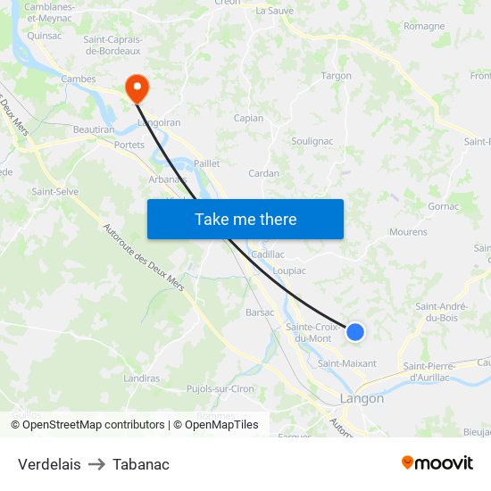 Verdelais to Tabanac map