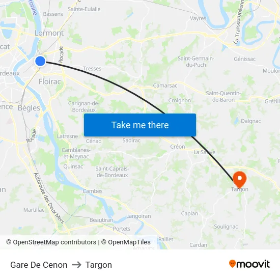Gare De Cenon to Targon map