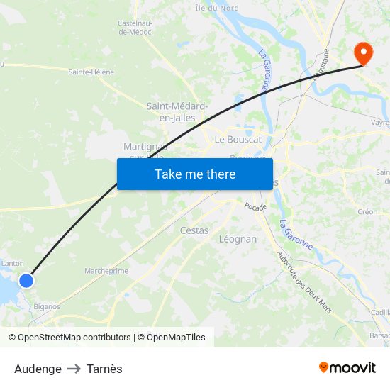 Audenge to Tarnès map