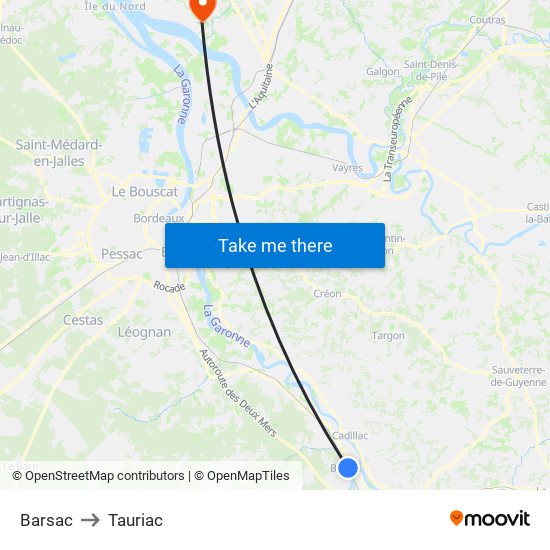 Barsac to Tauriac map