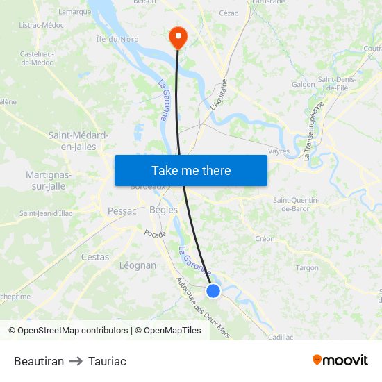 Beautiran to Tauriac map