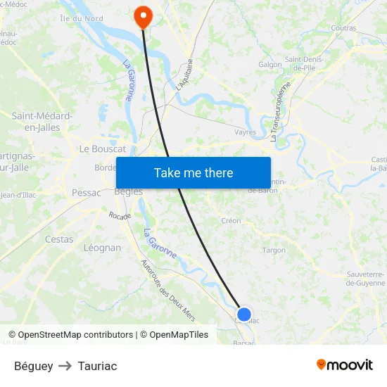 Béguey to Tauriac map