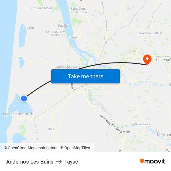 Andernos-Les-Bains to Tayac map