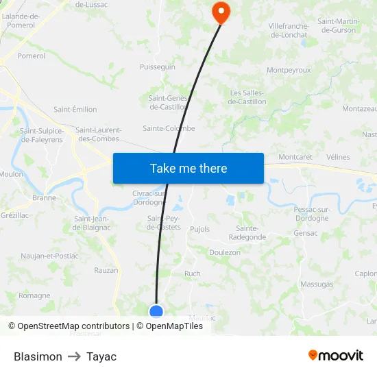 Blasimon to Tayac map