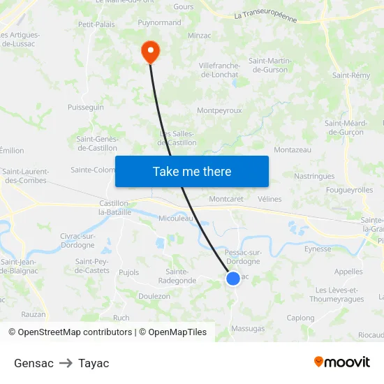 Gensac to Tayac map