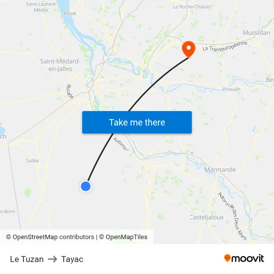 Le Tuzan to Tayac map